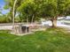 Community grill area with picnic tables, volleyball net, and lake access for outdoor gatherings and recreation at 10314 Lake Carroll Way, Tampa, FL 33618