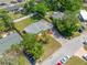 Aerial view of the home shows the spacious yard, neighborhood and mature trees at 10821 101St Ave, Seminole, FL 33772