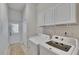 Bright laundry room featuring modern washer and dryer units with ample storage cabinets at 16420 Iola Woods Trl, Dade City, FL 33523