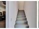 Basement staircase leading from the garage to the upstairs, featuring neutral walls and painted grey stairs at 16420 Iola Woods Trl, Dade City, FL 33523