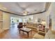 Open floorplan living room showcasing wood floors and a view into dining and kitchen areas at 1806 Chickasaw Trl, Valrico, FL 33596