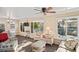 Bright living room featuring canal views, comfortable seating, and ample natural light at 200 Portree Dr, Dunedin, FL 34698