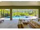Covered patio featuring comfortable seating and an amazing view of the screened in pool and lush green landscape at 21794 Pristine Lake Blvd, Land O Lakes, FL 34637