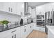 Modern kitchen features white cabinets, stainless steel appliances, and granite countertops at 31966 Asbury Ave, Wesley Chapel, FL 33545