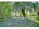 Glimpse of home through metal gate with mature landscaping and palm trees at 4041 Lane Rd, Zephyrhills, FL 33541