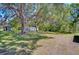Spacious front yard of home with lush trees providing ample shade and a storage shed at 4041 Lane Rd, Zephyrhills, FL 33541