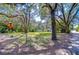 Large front yard with mature trees, a storage shed, and street signs, showing neighborhood access at 4041 Lane Rd, Zephyrhills, FL 33541