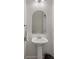 A well-lit bathroom with a pedestal sink and arched mirror at 27318 Sora Blvd, Wesley Chapel, FL 33544