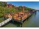Community dock featuring picnic tables and views of the harbor and residential buildings in a waterfront neighborhood at 2746 Via Tivoli # 135A, Clearwater, FL 33764