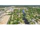 Aerial view of a neighborhood and river with boats docked at the piers, on a sunny day at 5910 River Rd, New Port Richey, FL 34652