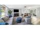 Bright living room with plush seating, stylish decor, and sliding glass doors to an outdoor area at 5910 River Rd, New Port Richey, FL 34652
