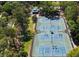 Overhead view of multiple tennis courts with green surfaces and surrounding trees at 9159 Highland Ridge Way, Tampa, FL 33647