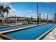 Bocce ball court at a new construction home with landscaping and clear blue sky at 9684 Minnow Ray Dr, Land O Lakes, FL 34638