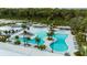 Aerial view of community pool features palm trees, lounge chairs, covered areas, and lush landscaping at 10865 Rustic Eve Ct, Land O Lakes, FL 34638