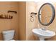 Charming half-bathroom featuring pedestal sink, decorative mirror, and stylish shelving at 13312 Tiger Lilly Ln, Tampa, FL 33625