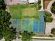 A full aerial view of community basketball courts, pickleball courts, and playing field with a soccer goal at 6006 Chellas Ct, Lutz, FL 33558