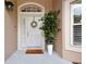Welcoming front door with a welcome mat, wreath, sidelight, and large potted plant at 6006 Chellas Ct, Lutz, FL 33558
