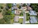 This aerial shot showcases the home and surrounding landscaping featuring a private pool and backyard area at 12904 Teakwood Ln, Hudson, FL 34667