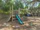 Backyard playground featuring a wooden play structure with a slide, climbing wall, and swings for entertainment at 14350 11Th St, Dade City, FL 33523