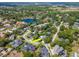 Aerial view of a neighborhood featuring homes, trees, and a nearby lake at 29540 Chapel Park Dr, Wesley Chapel, FL 33543