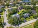 Aerial view of home with swimming pool surrounded by other neighborhood homes at 29540 Chapel Park Dr, Wesley Chapel, FL 33543