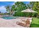 Backyard featuring a pool, spa, sun loungers, manicured lawn, and lush greenery, perfect for relaxing at 29540 Chapel Park Dr, Wesley Chapel, FL 33543