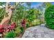 Beautifully landscaped walkway, with a mature tree and vibrant foliage leading to an ornate black metal gate at 29540 Chapel Park Dr, Wesley Chapel, FL 33543