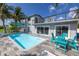 A backyard pool features patio, lounge seating and a partial view of the house with sliding glass doors at 533 Lillian Dr, Madeira Beach, FL 33708