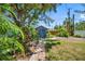 Lush backyard featuring a rustic shed surrounded by mature trees, vibrant plants, and a stone pathway at 568 La Plaza S Ave, St Petersburg, FL 33707