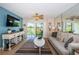 Stylish living room with a neutral color palette, a ceiling fan, and a view of the golf course through the sliding glass door at 6191 Bahia Del Mar Blvd # 103, St Petersburg, FL 33715