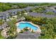 Aerial view of community pool and homes surrounded by green foliage and manicured lawns at 6910 Rock Springs Way, Tampa, FL 33625