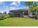 Beautifully landscaped backyard featuring a screened patio, healthy green lawn, and vibrant mature palm trees at 10816 Wendover Dr, Palmetto, FL 34221