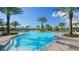 Stunning swimming pool with a gradual entry, surrounded by lush landscaping and palm trees for a resort-style feel at 10816 Wendover Dr, Palmetto, FL 34221
