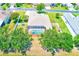 Aerial view of a home with a screened-in pool, complemented by lush landscaping and mature trees for added privacy at 2250 Mountain Ash Way, New Port Richey, FL 34655
