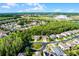 Bird's-eye view of a neighborhood surrounded by a dense forest and commercial district, showcasing community layout at 27549 Stonecreek Way, Wesley Chapel, FL 33544