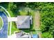 Aerial view showcases this home's roof, landscaping, driveway, and backyard, all surrounded by lush greenery at 27549 Stonecreek Way, Wesley Chapel, FL 33544