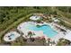 Community pool area with modern lounge chairs and umbrellas surrounded by palm trees at 33105 Major Oak Dr, Wesley Chapel, FL 33545