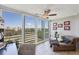 Cozy living room featuring views of the golf course and lake, framed photos, and an ceiling fan at 4550 Pinebrook Cir # 505, Bradenton, FL 34209