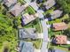 An aerial view shows neighborhood homes with manicured lawns, trees, and curved streets on a sunny day at 8628 Eagle Brook Dr, Land O Lakes, FL 34638
