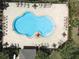 A bird's eye view reveals a community pool featuring ample seating, lush greenery, and well-maintained surroundings at 1023 Orca Ct, Holiday, FL 34691