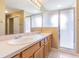 Bathroom with dual sink vanity, a large mirror and glass door shower at 10809 Collar Dr, San Antonio, FL 33576