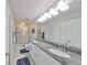 Bathroom featuring dual sinks, a walk-in shower, and modern fixtures at 10947 Verawood Dr, Riverview, FL 33579