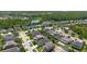 An aerial view showcases the property's location within a community featuring a tranquil lake and lush greenery at 27094 Carolina Astor, Wesley Chapel, FL 33544
