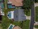 Overhead view of a home with a dark gray roof, pool, patio, and green lawn at 865 Live Oak Ne Ter, St Petersburg, FL 33703
