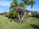 Landscaped backyard featuring a screened lanai, lush green lawn, and beautiful palm trees at 10450 Highland Park Pl, Palmetto, FL 34221