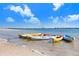 Beach scene showing several kayaks and canoes resting in the shallow water at 1134 Starfish Ln, Tarpon Springs, FL 34689