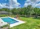 Expansive backyard with a pool, spa, patio seating, and lush green lawn at 7927 Hampton Lake Dr, Tampa, FL 33647