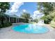 Backyard with a private pool, screened-in lanai, brick patio, and mature trees at 10907 Kewanee Dr, Temple Terrace, FL 33617