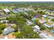 Aerial view of a home with solar panels, a screened pool, and beautiful landscaping in a suburban neighborhood at 2671 Clubhouse N Dr, Clearwater, FL 33761