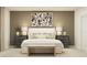 Comfortable main bedroom with coordinated lamps, a decorative bench, and neutral tones at 5611 Red Kite Dr, Wimauma, FL 33598
